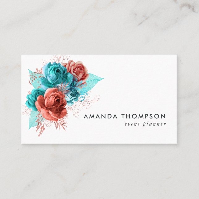 Carte De Visite Aquarelle turquoise et corail Floral (Devant)