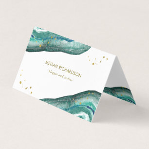 Carte De Visite Aquarelle Turquoise et Géode d'or Faux
