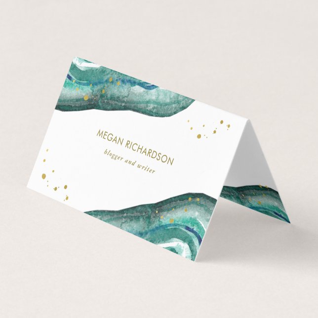Carte De Visite Aquarelle Turquoise et Géode d'or Faux (Devant)