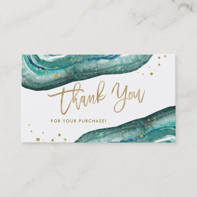 Carte De Visite Aquarelle Turquoise et Géode d'or| Merci (Devant)