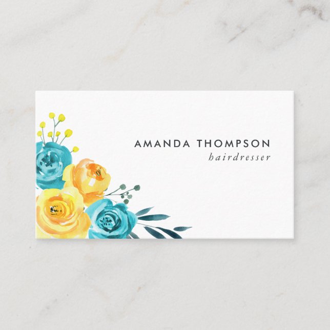 Carte De Visite Aquarelle turquoise et jaune Florale (Devant)