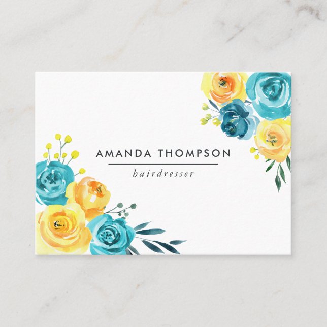 Carte De Visite Aquarelle turquoise et jaune Florale (Devant)
