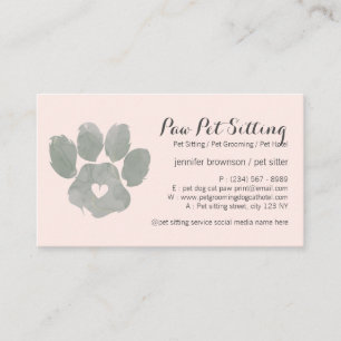 Carte De Visite Aquarelle VERT rose Pet Sitter Grossissant Paw