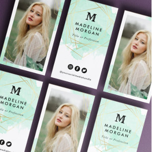 Carte De Visite Aquarelle verte à la menthe Médias sociaux avec ph