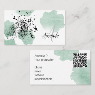 Carte De Visite Aquarelle verte Dotée QR Code personnalisé