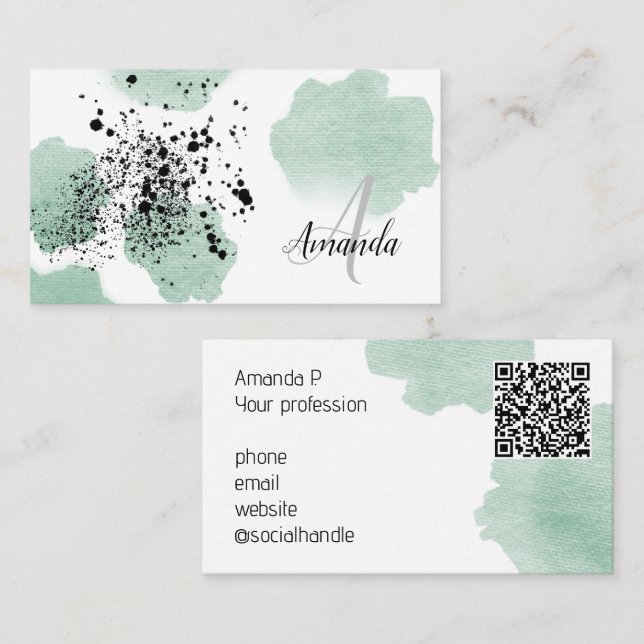 Carte De Visite Aquarelle verte Dotée QR Code personnalisé (Devant / Derrière)
