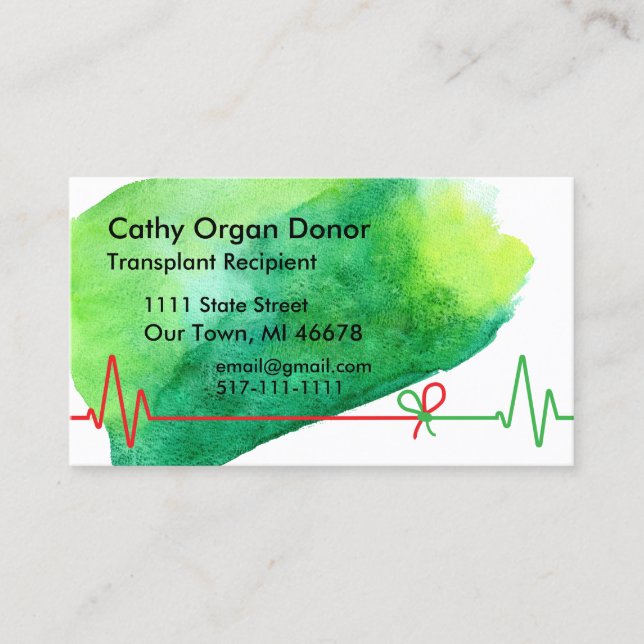 Carte De Visite Aquarelle verte du destinataire de la transplantat (Devant)
