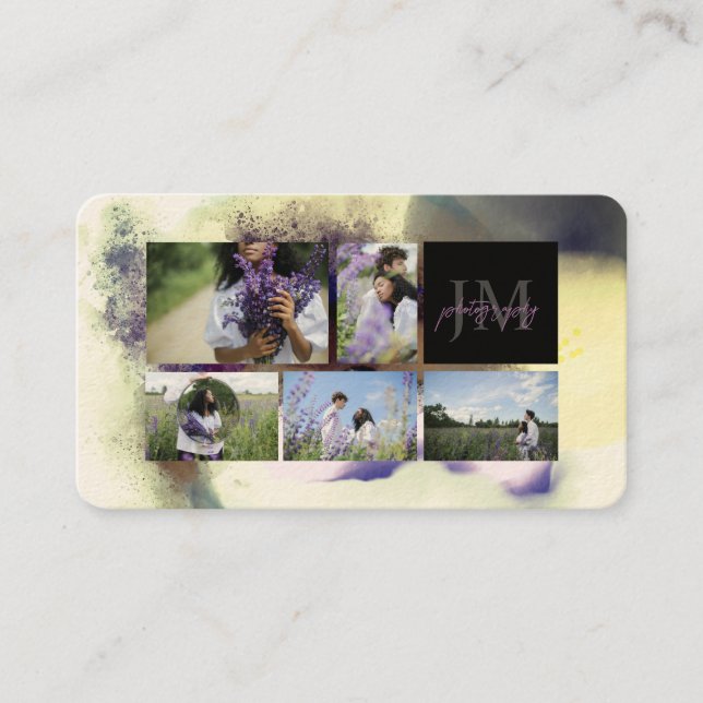Carte De Visite Aquarelle violet Abstraite photo Collage Monogramm (Devant)
