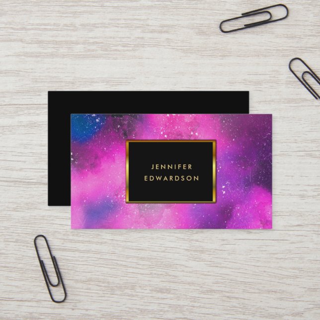 Carte De Visite Aquarelle violet rose éclaboussure doré cadre (Devant/Arrière en situation)