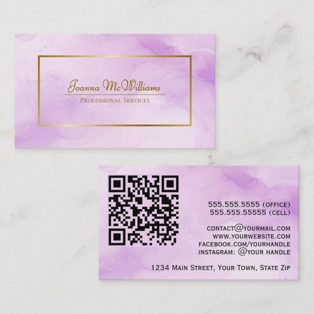 Carte De Visite Aquarelle violette & Gold Code QR professionnel (Devant / Derrière)
