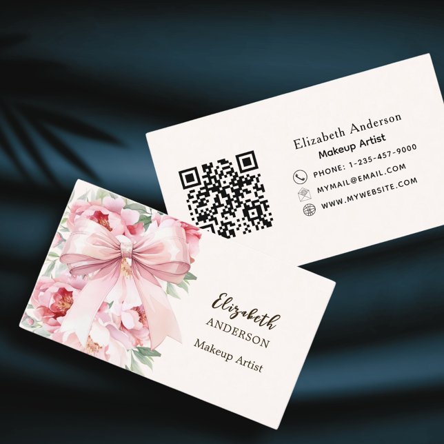 Carte De Visite Arbalète rose fleurs beige crème qr code (Créateur téléchargé)