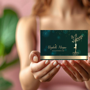 Carte De Visite Arbre doré silhouette de femmes professeur de yoga