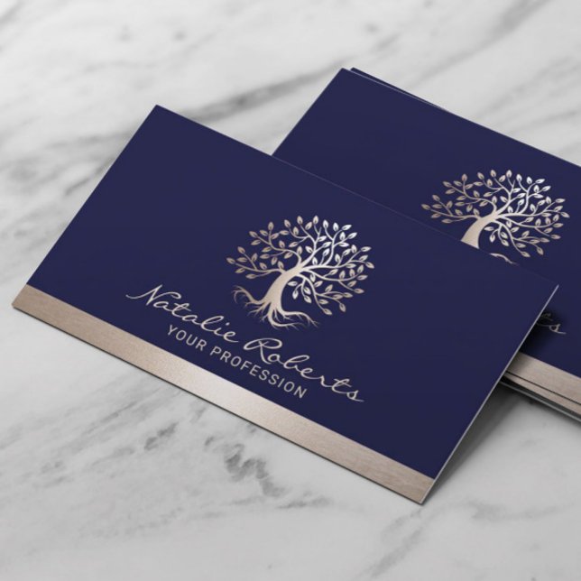 Carte De Visite Arbre Logo Elegant Marine Bleu & Gold Bordure (Créateur téléchargé)