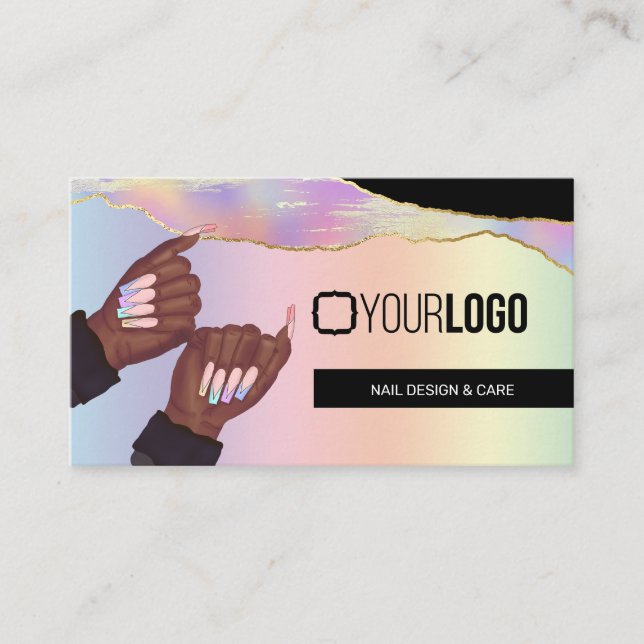 Carte De Visite Arc-en-ciel holographique Nail Tech/Salon - Logo p (Devant)