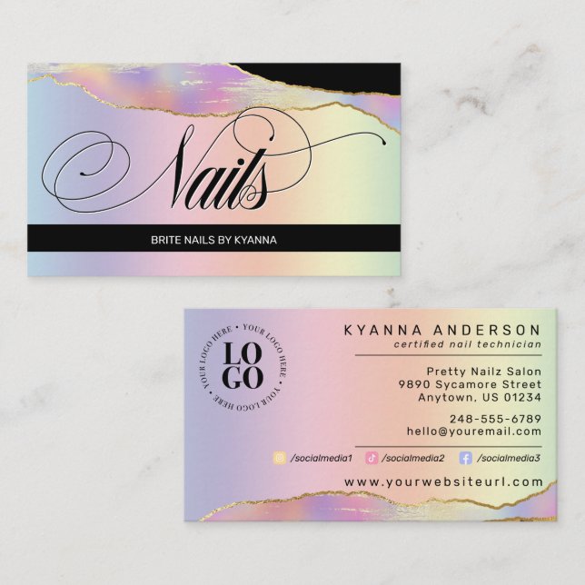 Carte De Visite Arc-en-ciel holographique Nail Tech/Salon - Logo p (Devant / Derrière)