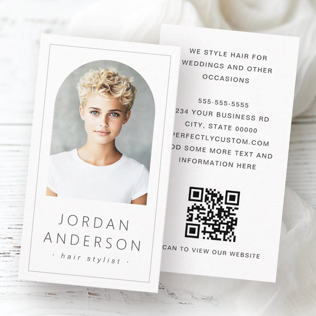 Carte De Visite Arc moderne photo mince bordure QR code blanc (Modern arch photo thin border QR code white Business Card)