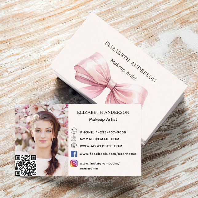 Carte De Visite Arc rose beige crème qr code médias sociaux photo (Créateur téléchargé)