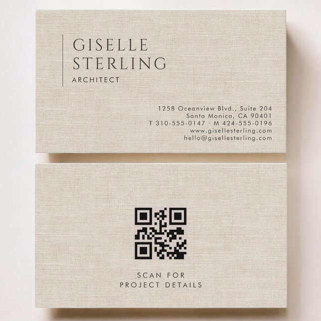 Carte De Visite Architect Luxury Neutral Linen QR Code (Créateur téléchargé)