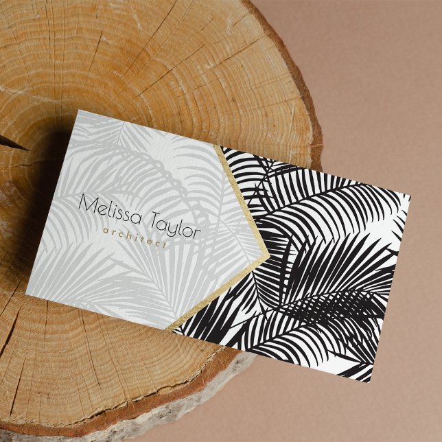 Carte De Visite Architecte moderne de palmier noir blanc (Modern black white gold palm tree architect business card)