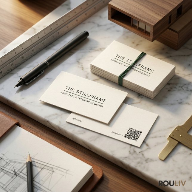 Carte De Visite Architecte Moderne Minimaliste | Code QR Blanc Cha (Minimal Modern Architect  QR Code Warm White Business Card)