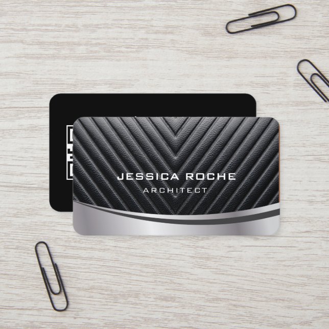 Carte De Visite Architecte Professional Black Silver Metal QR Code (Devant/Arrière en situation)