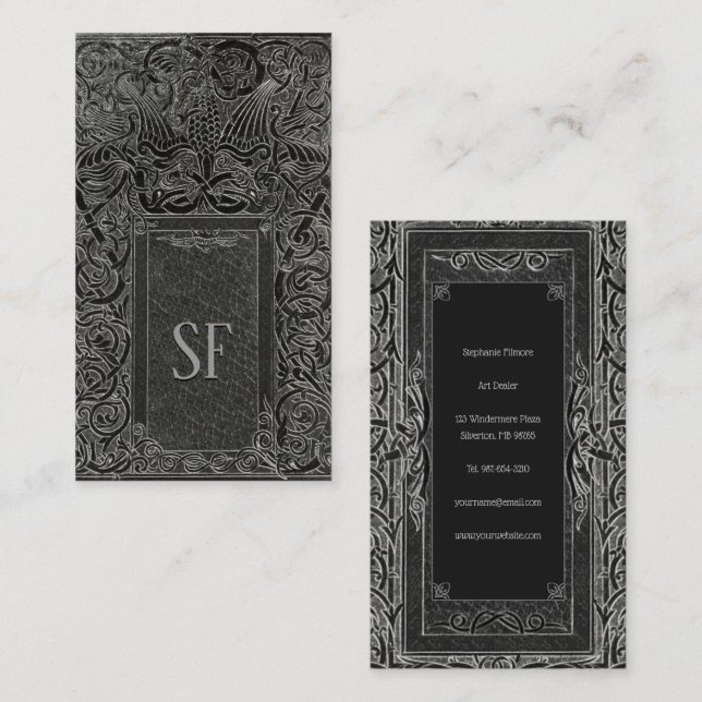 Carte De Visite Argent Art déco avec votre Monogramme (Devant / Derrière)