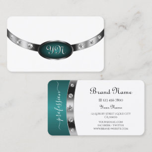 Carte De Visite Argent blanc moderne Turquoise Faux Diamants Monog