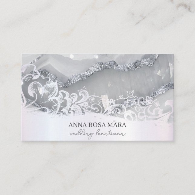 Carte De Visite *~* Argent Blanc Orné QR Agate AP66 Luxe Grey (Devant)