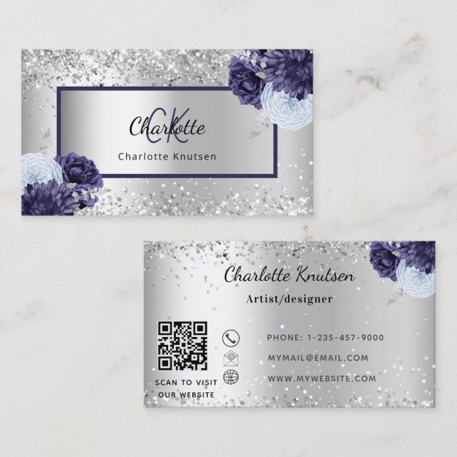 Carte De Visite Argent bleu marine florales monogramme code QR (Devant / Derrière)