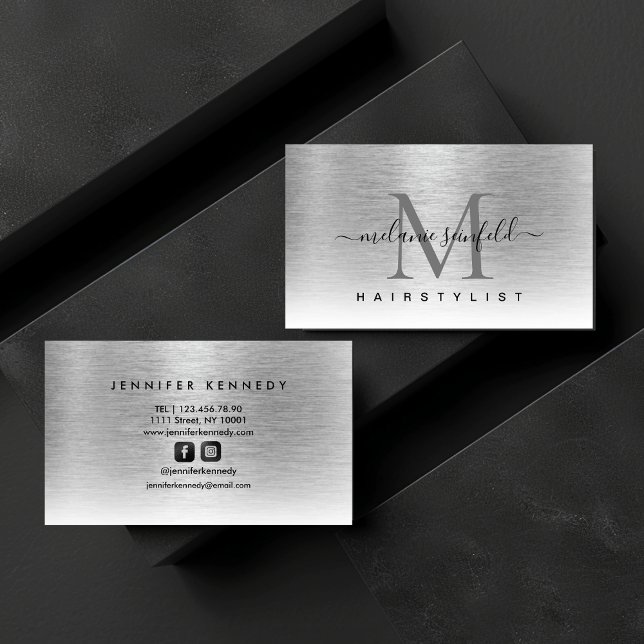 Carte De Visite Argent brossé métal élégant Monogramme moderne (Silver Brushed Metal Elegant Monogram Modern Business Card)