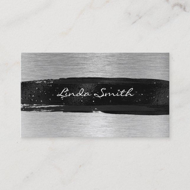 Carte De Visite Argent Brossé Métal huile noire Brush Stroke (Devant)