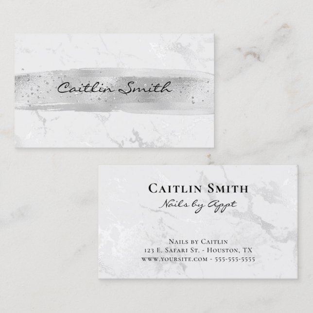 Carte De Visite Argent Brush Stroke Silver White Foil Marbre (Devant / Derrière)