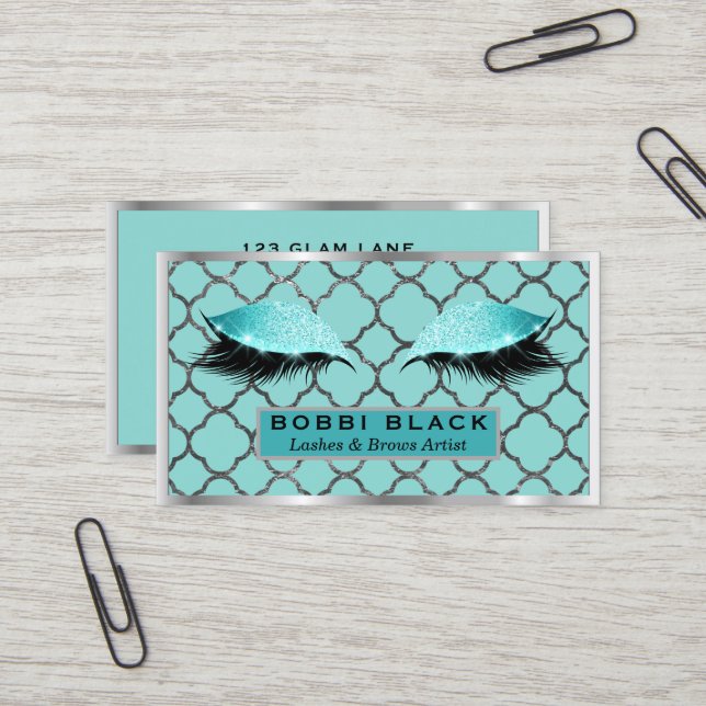 Carte De Visite Argent de Teal de maquillage de parties (Devant/Arrière en situation)