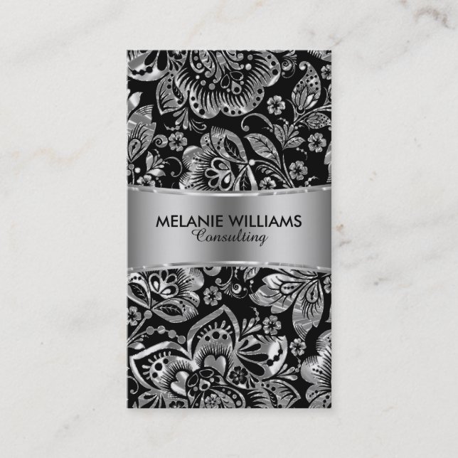Carte De Visite Argent métallique brillant Baroque Floral Damas (Devant)