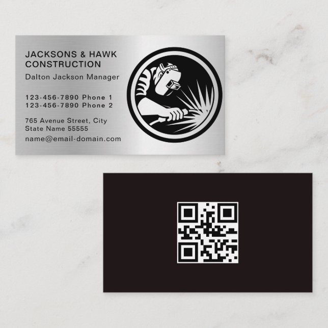 Carte De Visite Argent Métallique Moderne Look Simple Construction (Devant / Derrière)