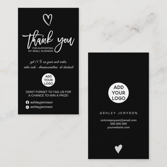Carte De Visite Argent script coeur noir logo commander merci (Devant / Derrière)