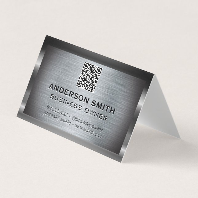 Carte De Visite Arrière - plan brossé métallique | Code QR (Devant)