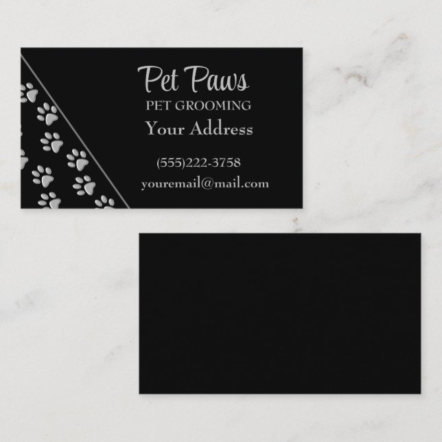 Carte De Visite Arrière - plan noir Silver Dog Paws Motif d'impres (Devant / Derrière)