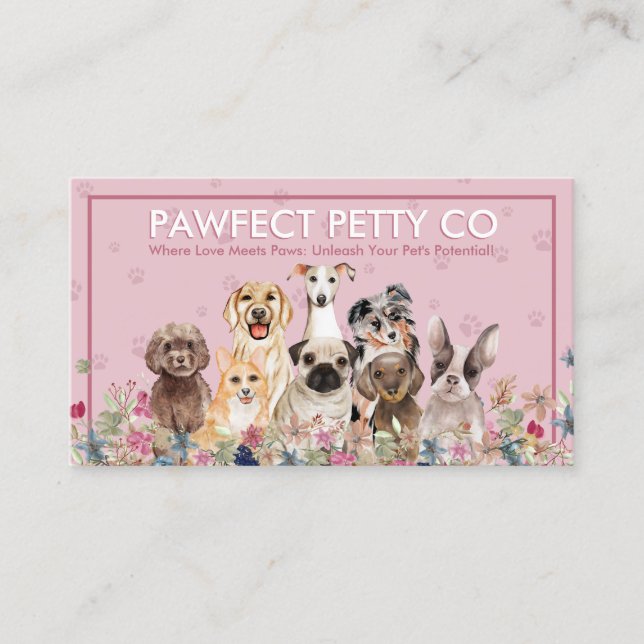 Carte De Visite Arrière - plan rose Paw Aquarelle Chiens Fleurs (Devant)