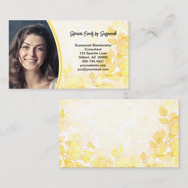 Carte De Visite Art Floral Jaune avec photo personnalisée professi (Devant / Derrière)