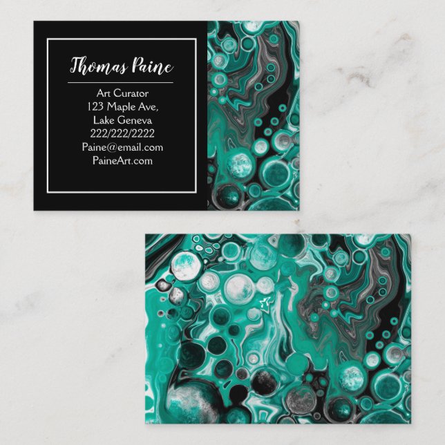 Carte De Visite Art fluide en marbre noir et turquoise (Devant / Derrière)