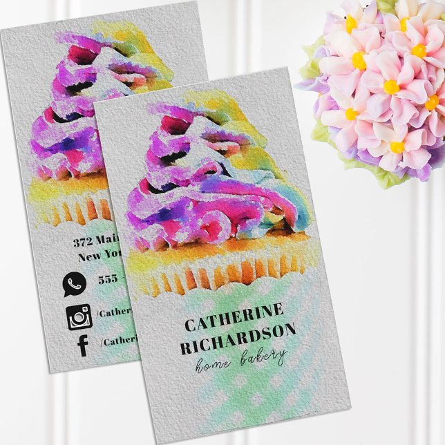 Carte De Visite Artisan Arc-en-ciel Aquarelle Cupcake Accueil Boul (Créateur téléchargé)