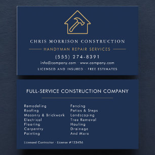 Carte de visite artisan bleu marine or constructio