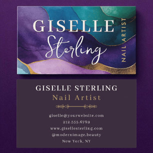 Carte De Visite Artiste à ongles Abstrait violet or Wavy Aquarelle