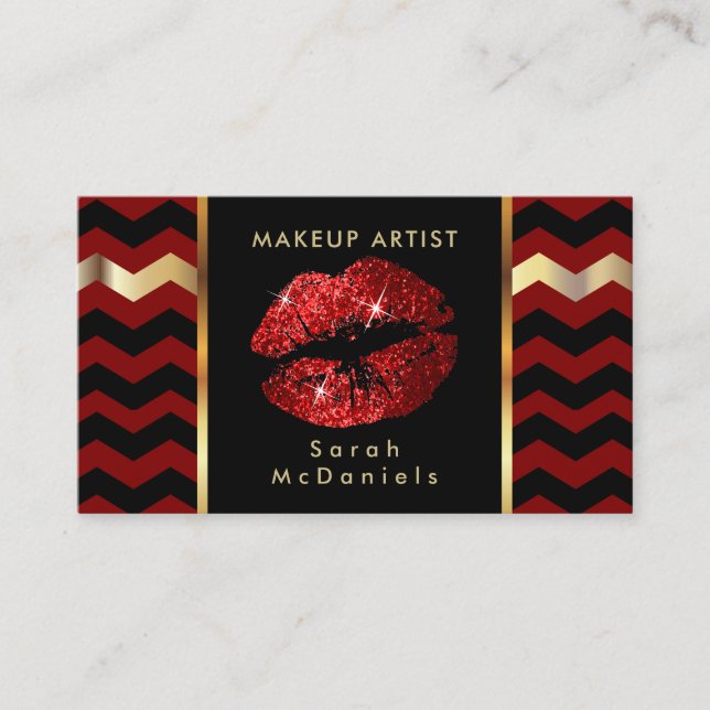Carte De Visite Artiste de maquillage aux accents d'or Red & Chevr (Devant)