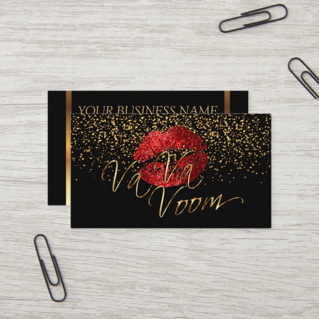 Carte De Visite Artiste de maquillage avec Confetti Or & Lèvres ro (Devant/Arrière en situation)