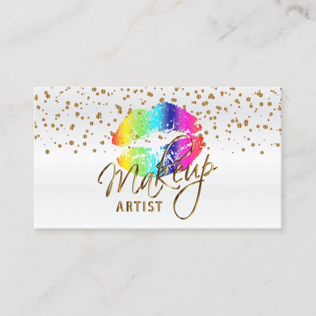 Carte De Visite Artiste de maquillage avec Gold Confetti & Rainbow (Devant)
