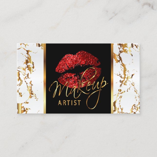 Carte De Visite Artiste de maquillage avec Marbre blanc Gold & Red (Devant)