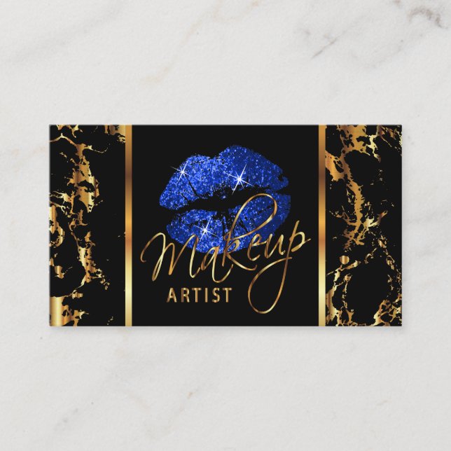 Carte De Visite Artiste de maquillage avec marbre or & bleu Accent (Devant)