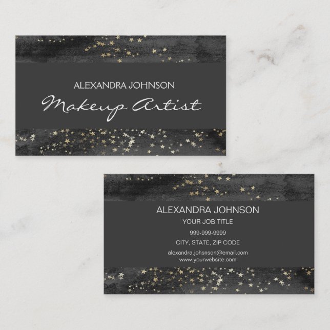 Carte De Visite Artiste de maquillage Black and Gold Confetti Star (Devant / Derrière)